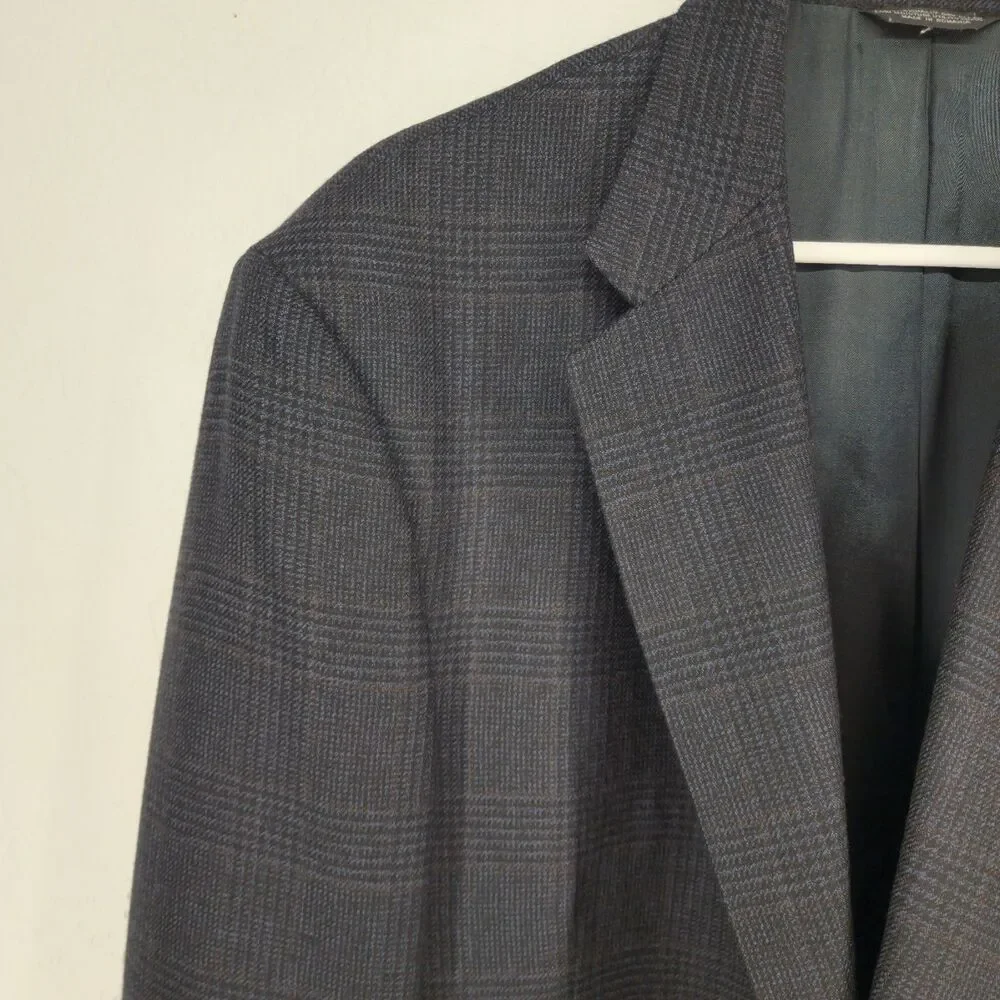 Vintage Evan Picone 44L | Gray Blue Plaid‎ Wool Tweed Sport Coat Blazer Jacket